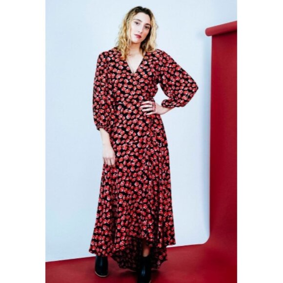 Ganni Black & Dark Pink Floral Print Long Wrap Dress, Size 2 | 34 - Picture 1 of 7
